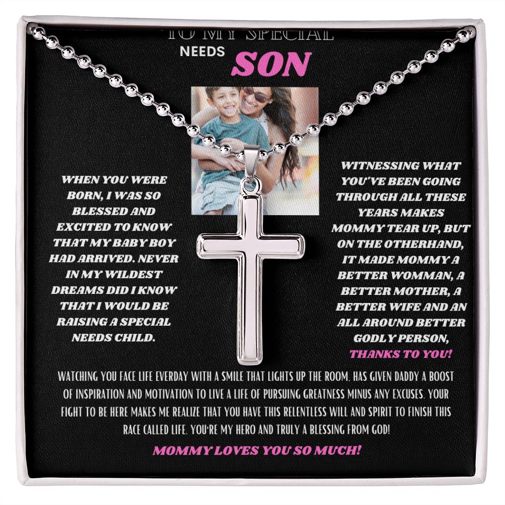 TO MY SPECIAL NEEDS SON FROM MOMMY STAINLESS CROSS NECKLACE