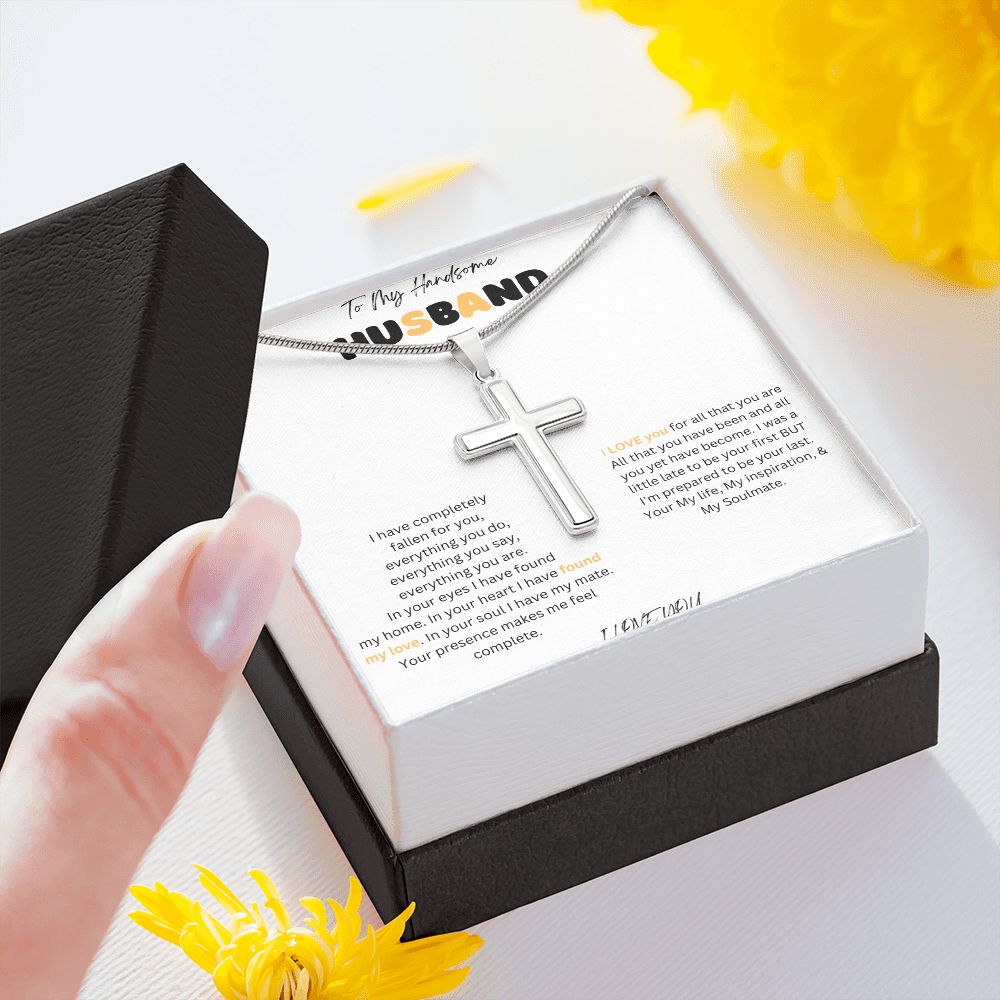 To My Handsome Husband Stainless Steel Cross Necklace with message card