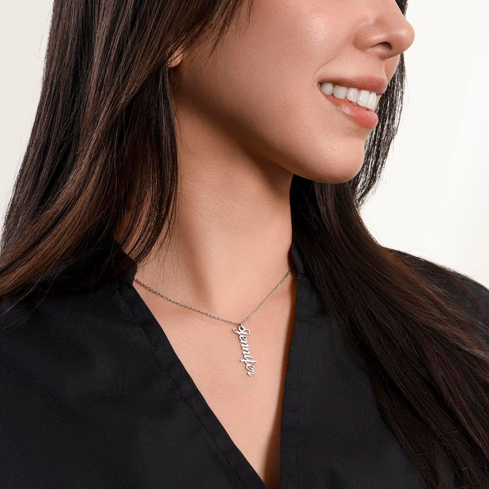 To My Dearest Daughter message card expression mom's love for her daughter going away to college.  Mom is sharing her emotions with this Vertical Name Necklace jewelry piece.