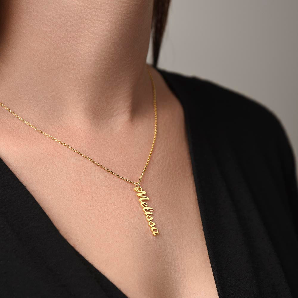 To My Dearest Daughter message card expression mom's love for her daughter going away to college.  Mom is sharing her emotions with this Vertical Name Necklace jewelry piece.