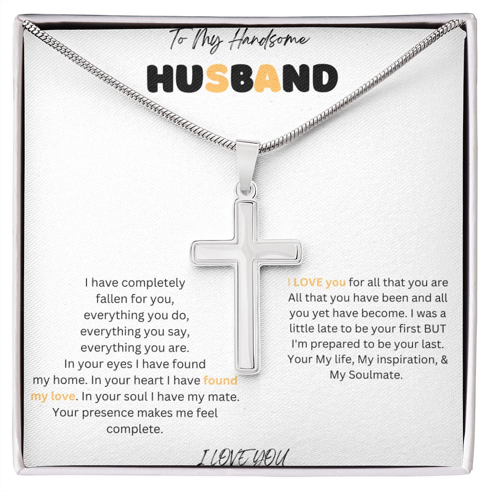 To My Handsome Husband Stainless Steel Cross Necklace with message card